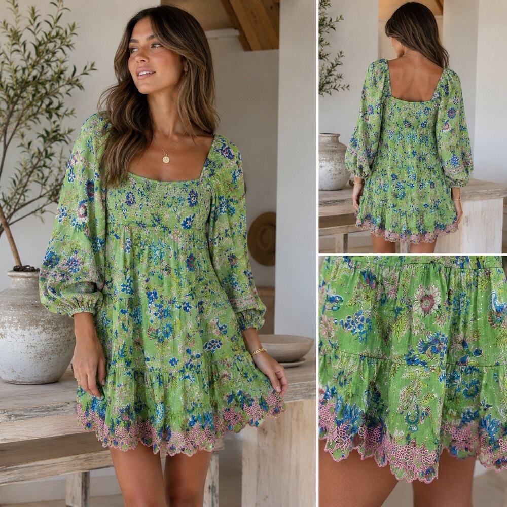 Hemant & Nandita Mini Dress Pear Green Smocked Boho M European Summer Coastal